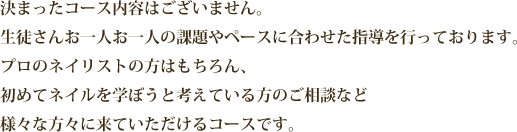 決まったコース内容はございません。生徒さんお一人お一人の課題やペースに合わせた指導を行っております。プロのネイリストの方はもちろん、初めてネイルを学ぼうと考えている方のご相談など様々な方々に来ていただけるコースです。
